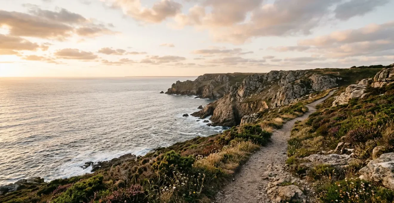 Vue panoramique sur les côtes bretonnes avec falaises, mer et ciel lumineux
