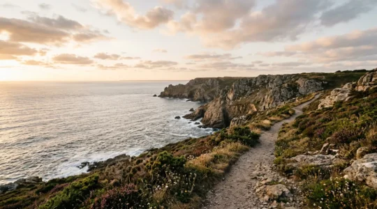 Vue panoramique sur les côtes bretonnes avec falaises, mer et ciel lumineux