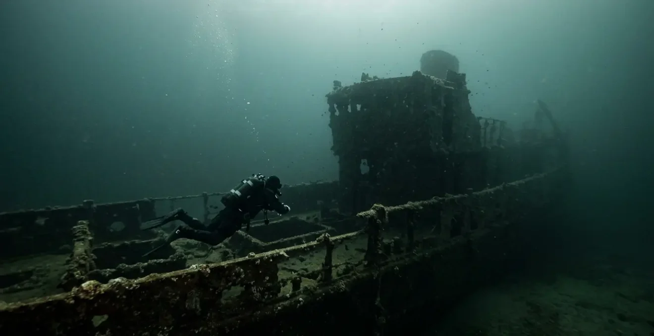 Plongeur en combinaison étanche explorant une épave bretonne dans les eaux froides