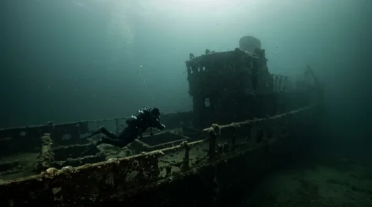 Plongeur en combinaison étanche explorant une épave bretonne dans les eaux froides