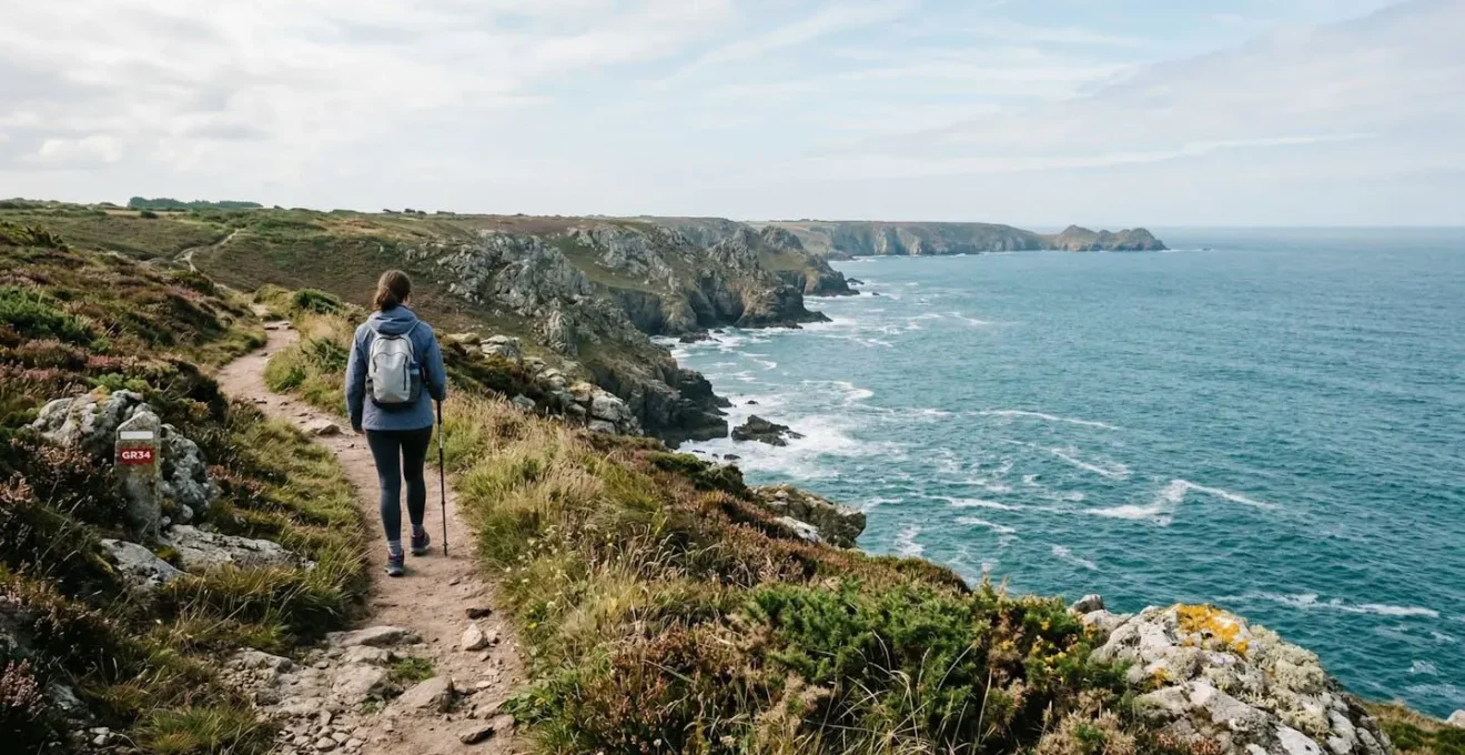 Randonneur débutant sur le sentier côtier du GR34 face à l'océan en Bretagne