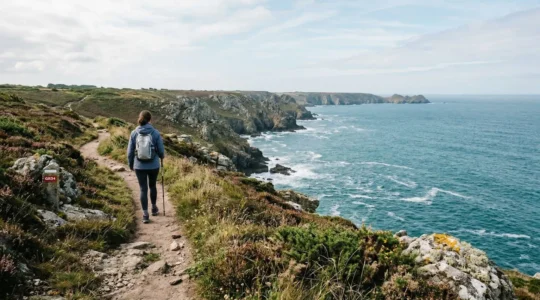 Randonneur débutant sur le sentier côtier du GR34 face à l'océan en Bretagne