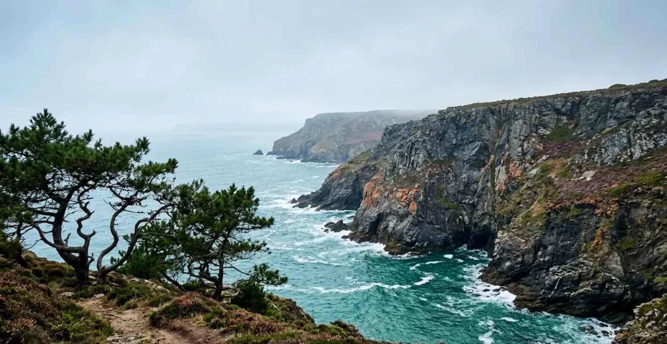 Vue panoramique sur les falaises escarpées de la presqu'île de Crozon avec eaux turquoise et pins maritimes