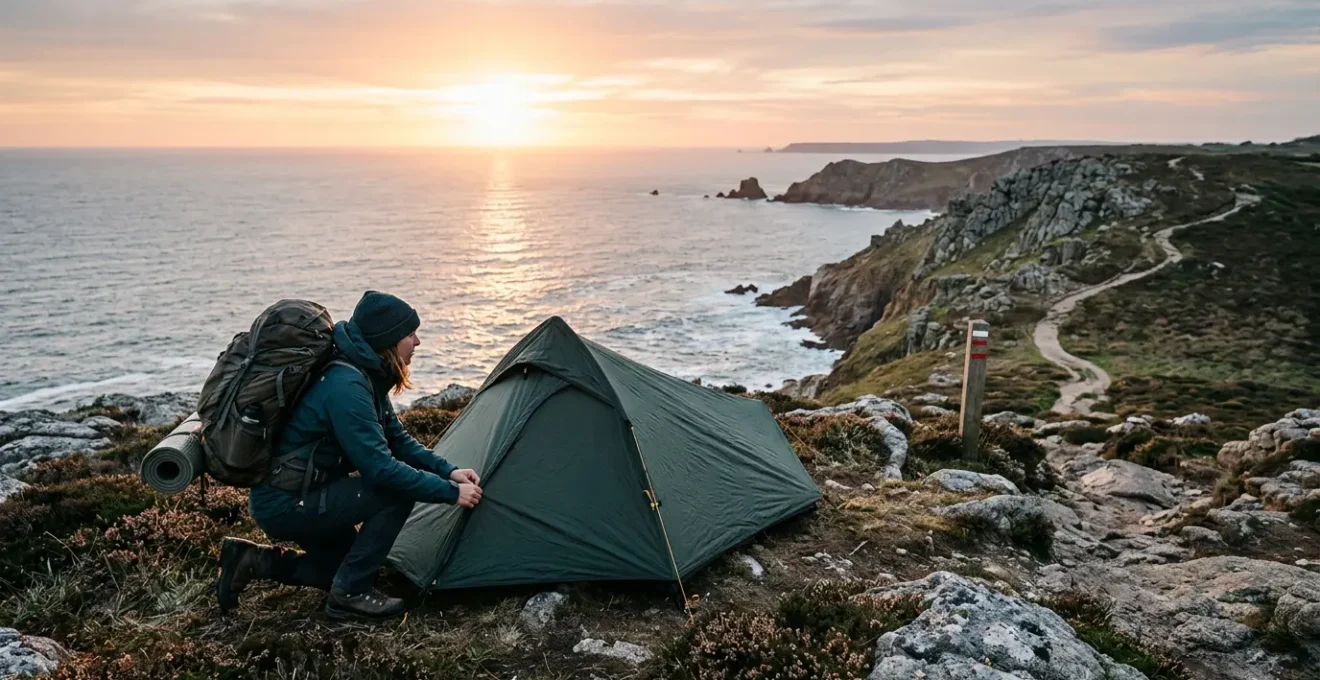 Randonneur installant son bivouac face à l'océan sur le sentier côtier du GR34 en Bretagne au lever du soleil