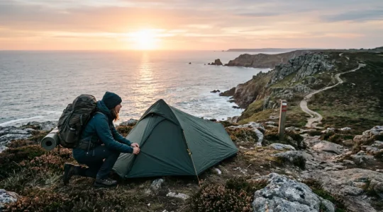 Randonneur installant son bivouac face à l'océan sur le sentier côtier du GR34 en Bretagne au lever du soleil
