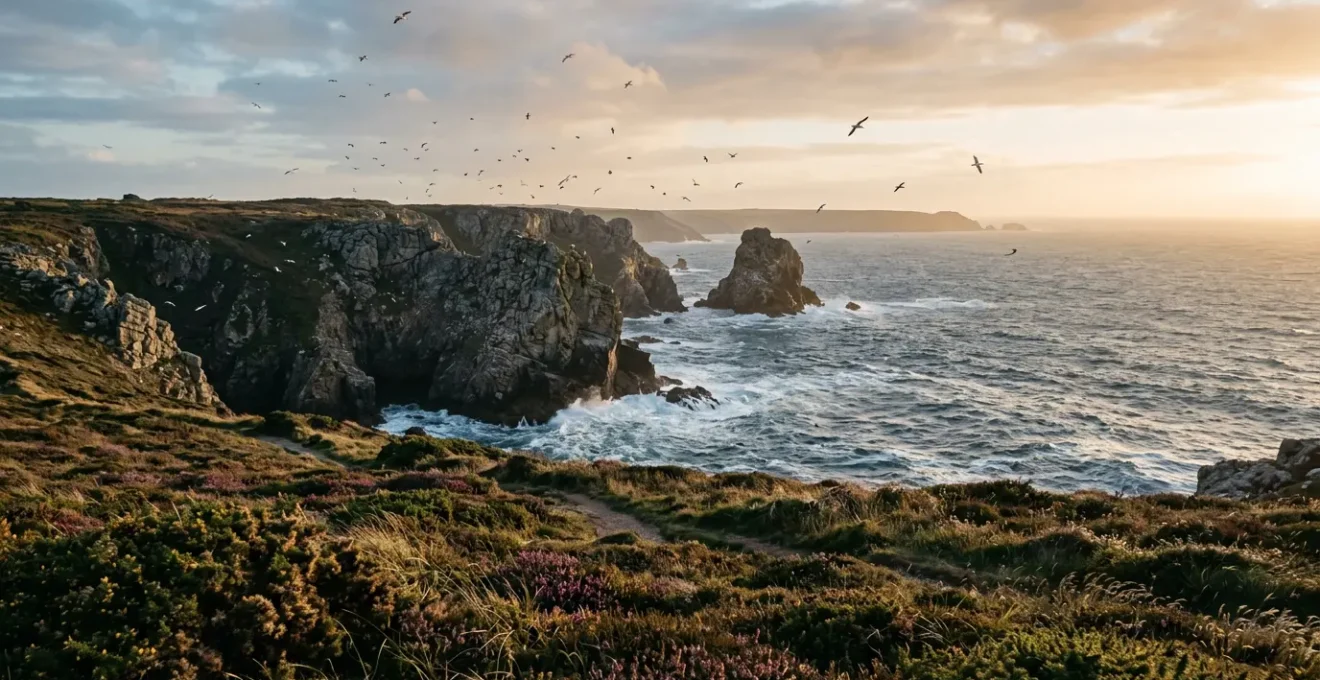 Vue panoramique d'une réserve naturelle bretonne avec des falaises côtières et des oiseaux marins en vol