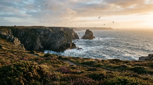 Vue panoramique d'une réserve naturelle bretonne avec des falaises côtières et des oiseaux marins en vol