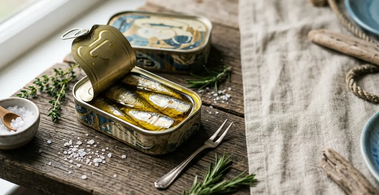 Composition gastronomique mettant en valeur des sardines millésimées bretonnes dans leur écrin artisanal