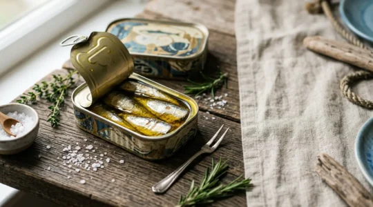 Composition gastronomique mettant en valeur des sardines millésimées bretonnes dans leur écrin artisanal