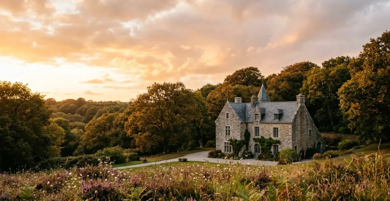 Façade en granit d'un manoir breton du 16ème siècle au coucher du soleil avec parc arboré