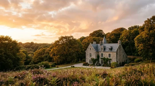 Façade en granit d'un manoir breton du 16ème siècle au coucher du soleil avec parc arboré