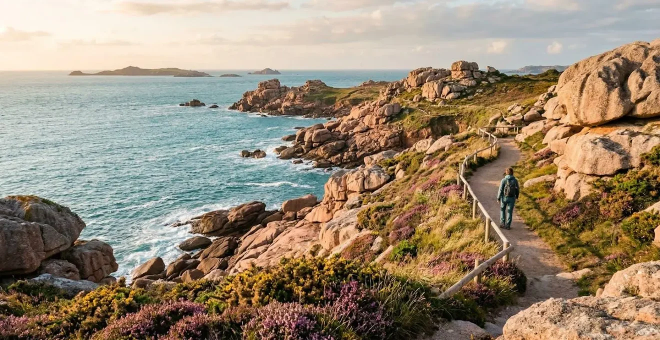 Randonneur respectueux du balisage sur le sentier des douaniers de la Côte de Granit Rose en Bretagne
