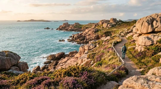 Randonneur respectueux du balisage sur le sentier des douaniers de la Côte de Granit Rose en Bretagne
