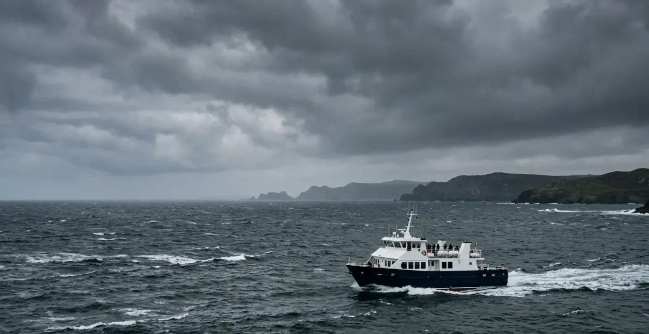 Traversée maritime mouvementée vers les îles bretonnes avec vagues et ciel gris
