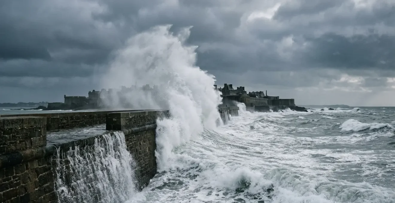 Vagues spectaculaires frappant la digue lors d'une grande marée à Saint-Malo