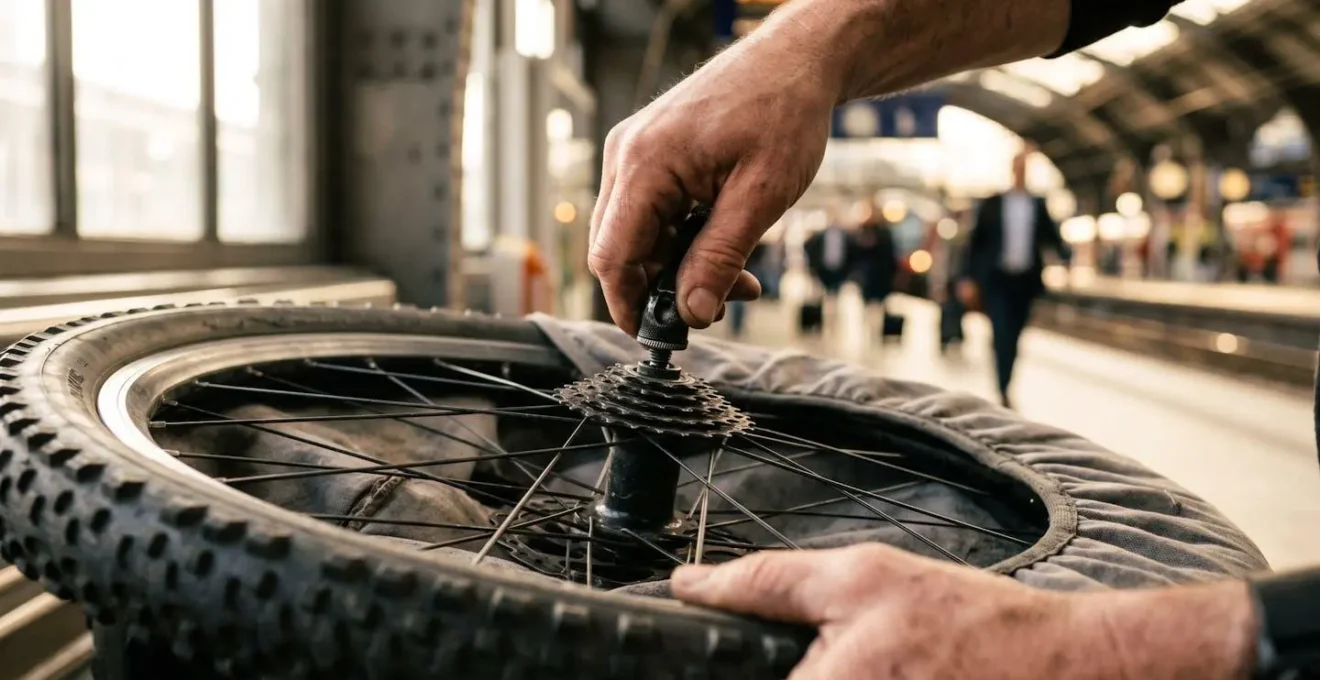 Vélo démonté rangé dans une housse de transport pour voyage en train
