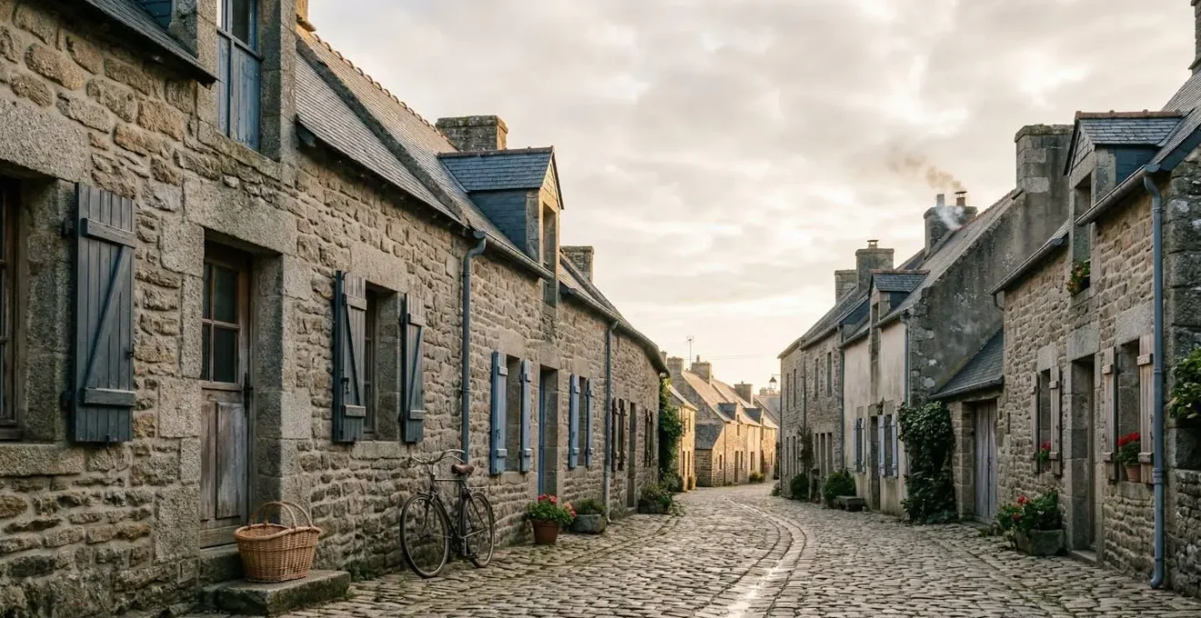 Village breton typique avec maisons en granit et habitants locaux dans une rue pavée