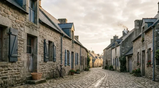 Village breton typique avec maisons en granit et habitants locaux dans une rue pavée