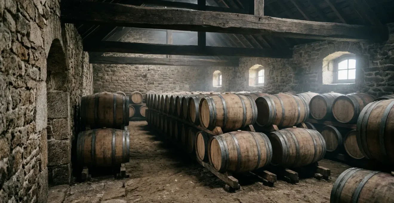 Fûts de whisky breton vieillissant dans un chai côtier avec ambiance maritime