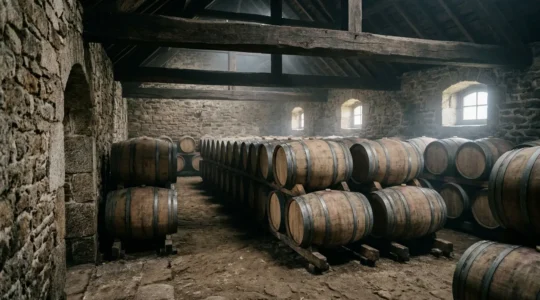 Fûts de whisky breton vieillissant dans un chai côtier avec ambiance maritime