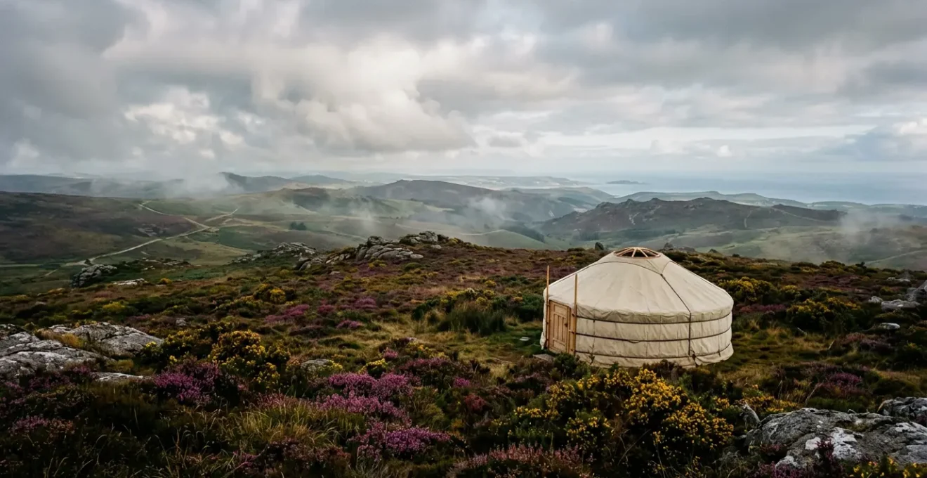 Yourte traditionnelle dans un paysage breton sauvage offrant une expérience de déconnexion complète