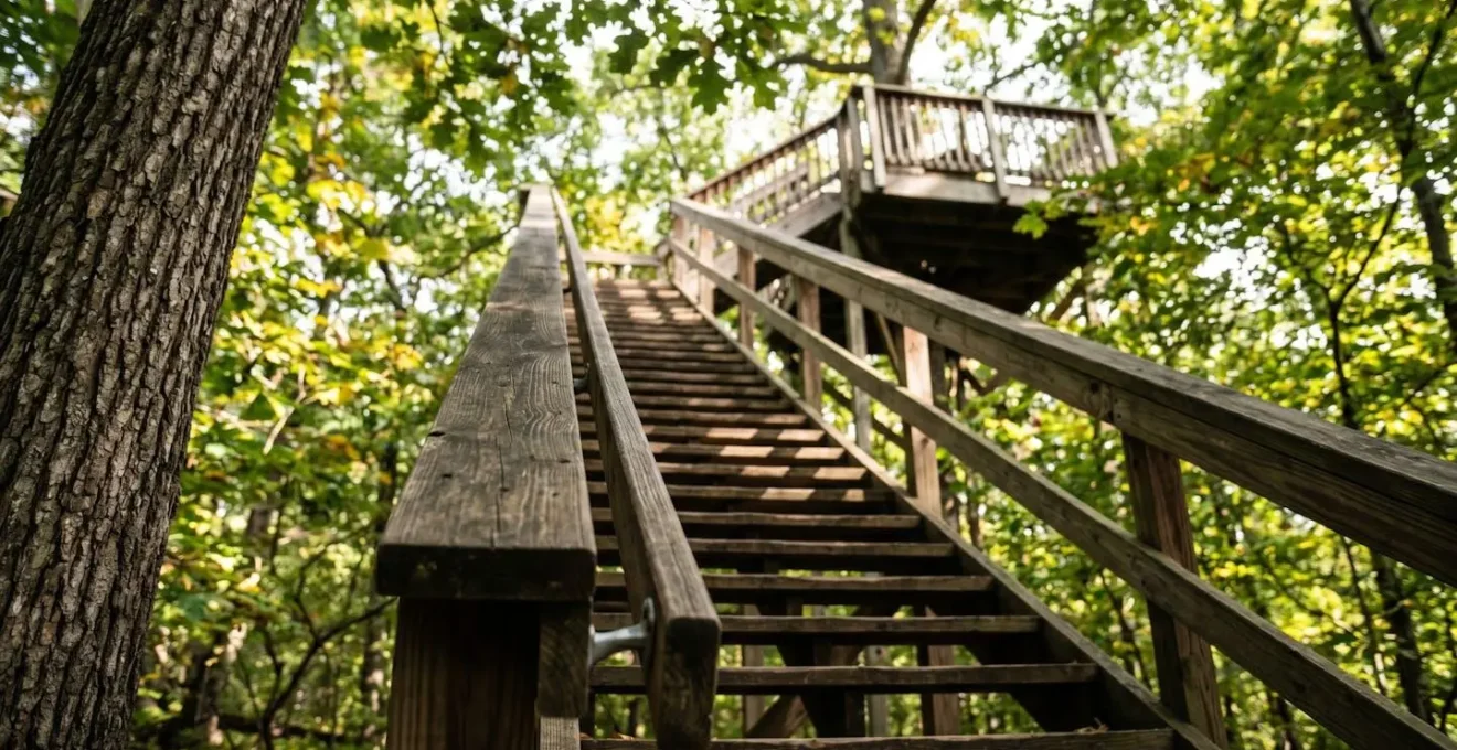 Escalier en bois sécurisé menant à une cabane perchée dans la forêt