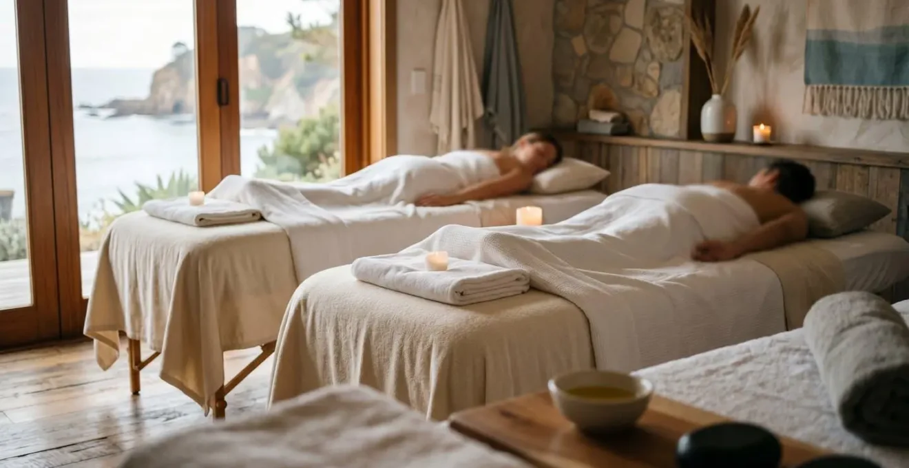 Cabine de soin double en thalasso aménagée pour un moment de détente en couple