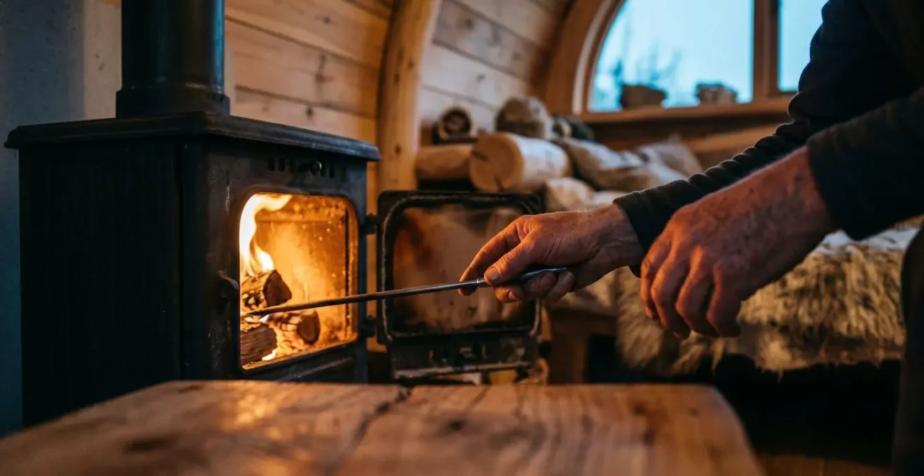 Atmosphère chaleureuse d'un hébergement insolite avec source de chaleur naturelle en soirée