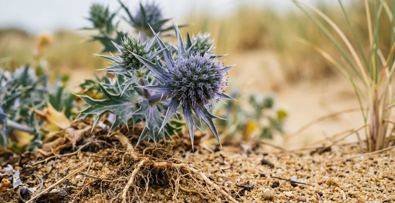 Gros plan macro sur un chardon bleu des dunes avec ses racines fixant le sable en profondeur