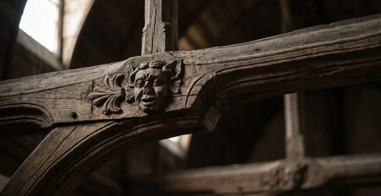 Gros plan architectural sur une charpente en carène de navire inversée dans une chapelle bretonne, avec sablières sculptées et poutres ornées