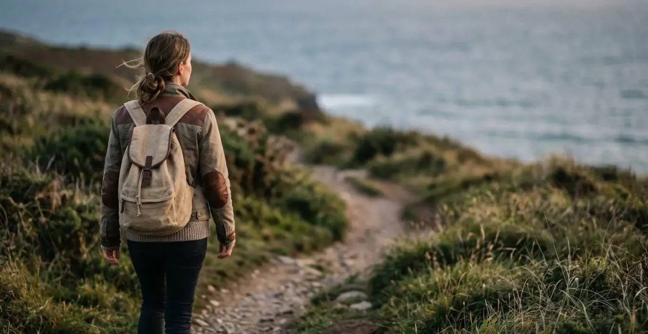 Voyageur avec sac à dos marchant sur sentier côtier d'une île bretonne