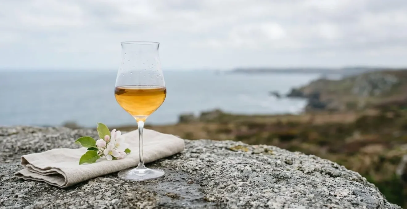 Cocktail au chouchen dans un verre élégant avec des éléments naturels évoquant la Bretagne