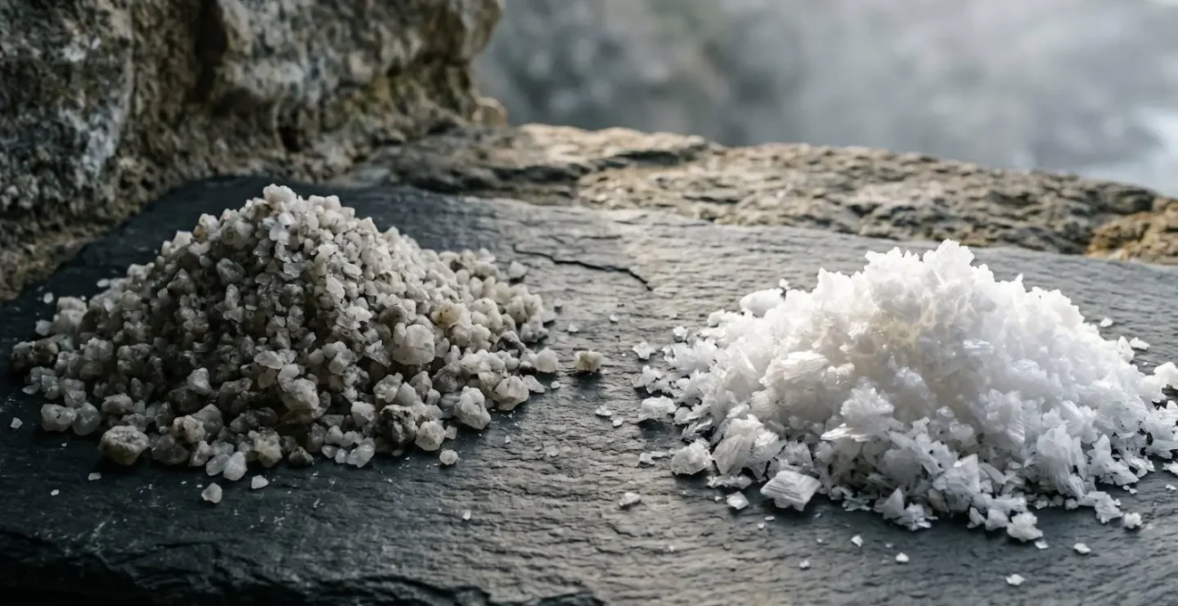 Comparaison visuelle entre cristaux de sel gris et fleur de sel