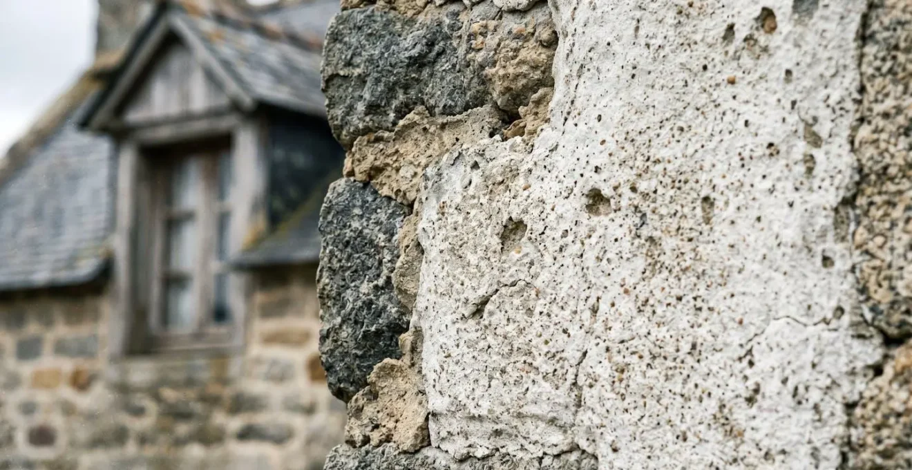 Gros plan sur les détails architecturaux d'une façade de maison de pêcheur bretonne traditionnelle