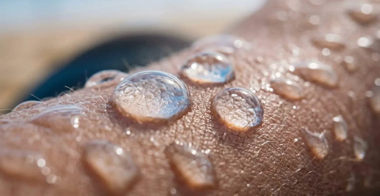 Gros plan macro sur des gouttelettes d'eau de mer cristallines sur peau humaine, évoquant les bienfaits des oligo-éléments marins