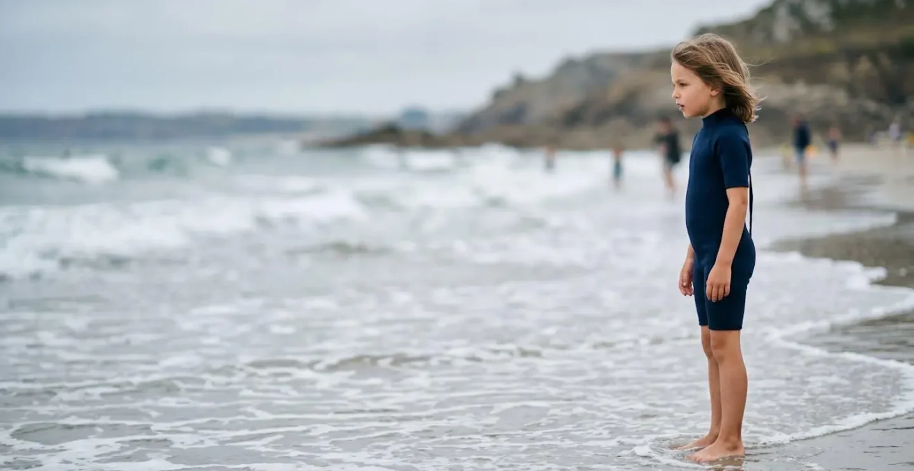 Enfant en combinaison courte shorty au bord de l'eau sur une plage de Bretagne