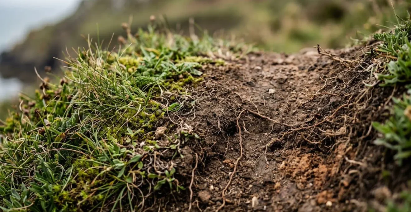 Gros plan sur un sentier côtier érodé du GR34 montrant l'impact du piétinement hors balisage