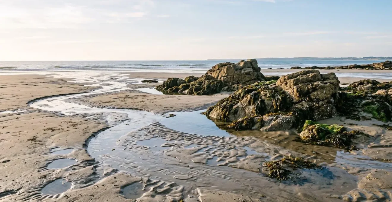 Vue panoramique de l'estran à marée basse avec ses rochers préservés et sa biodiversité marine