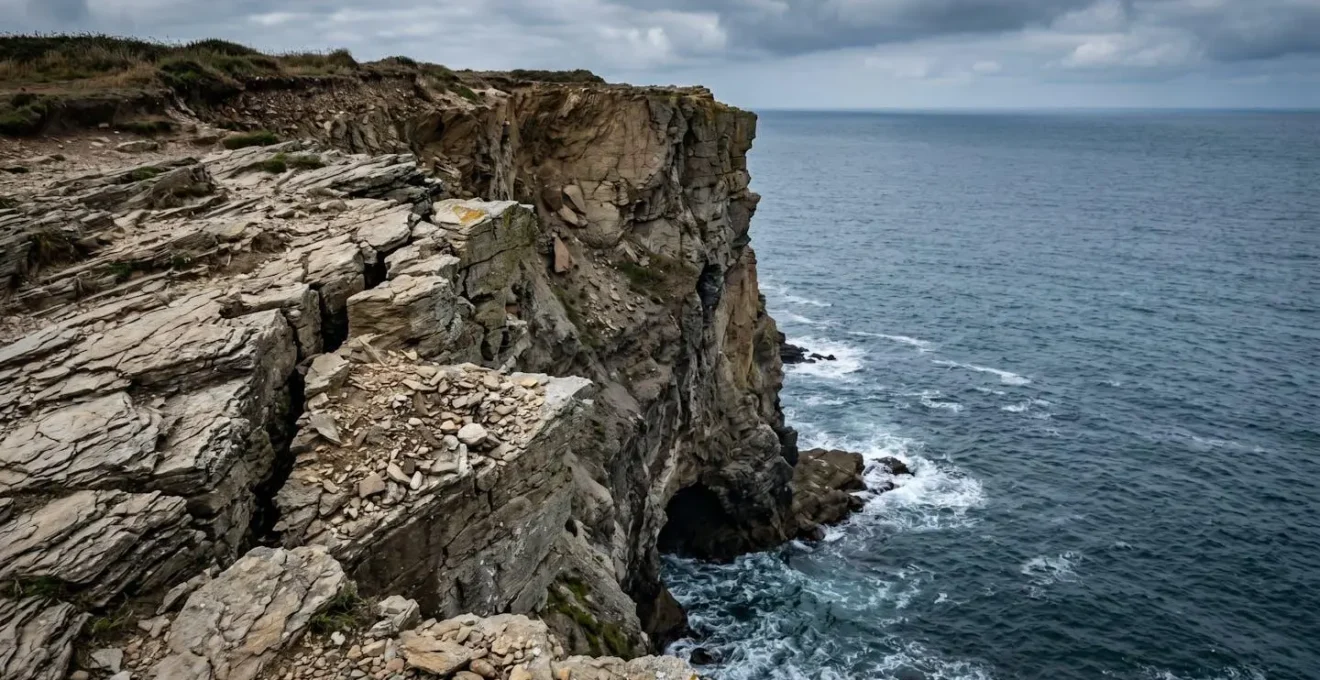 Corniche de falaise bretonne érodée vue de profil montrant la fragilité du schiste