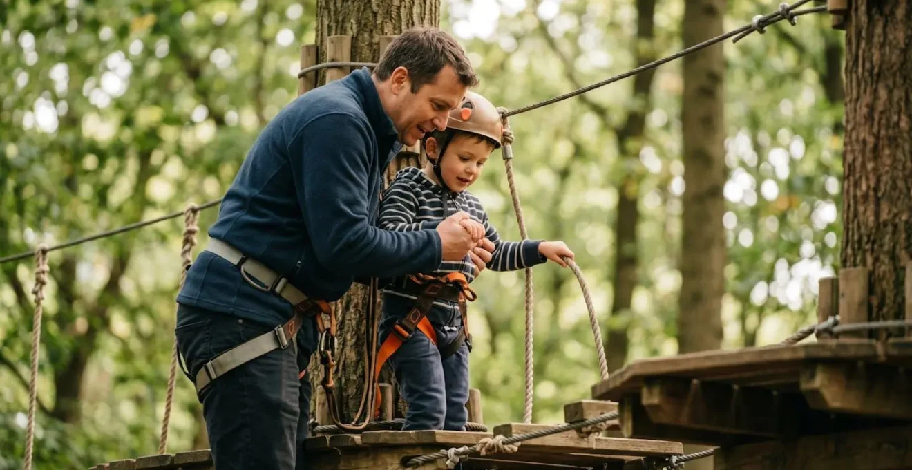 Famille testant sa tolérance à la hauteur lors d'une activité d'accrobranche en forêt avant de réserver une cabane perchée
