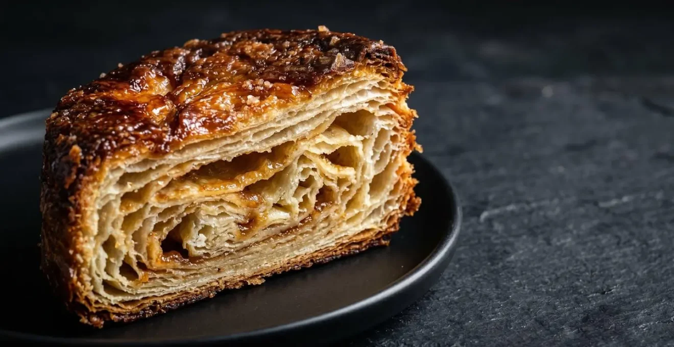 Coupe transversale d'un kouign-amann révélant les couches feuilletées et la caramélisation dorée