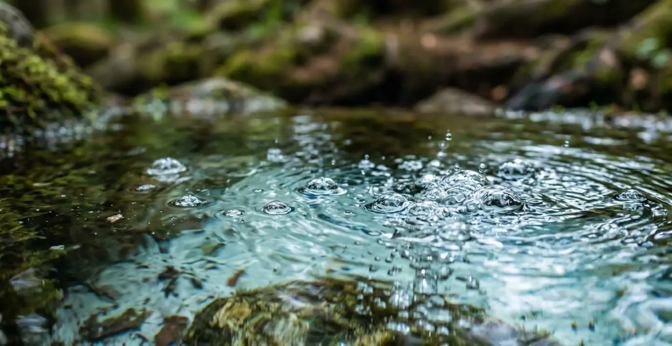 Gros plan sur l'eau de la fontaine de Barenton avec bulles naturelles remontant à la surface et reflets de lumière