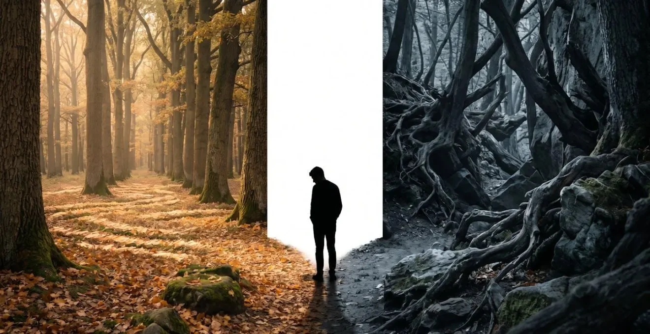 Vue contemplative d'une forêt bretonne en automne avec sentier serpentant entre les arbres centenaires aux feuillages dorés