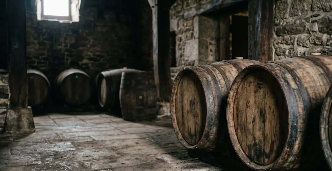 Fûts de chêne ayant contenu du chouchen dans un chai breton traditionnel avec lumière douce