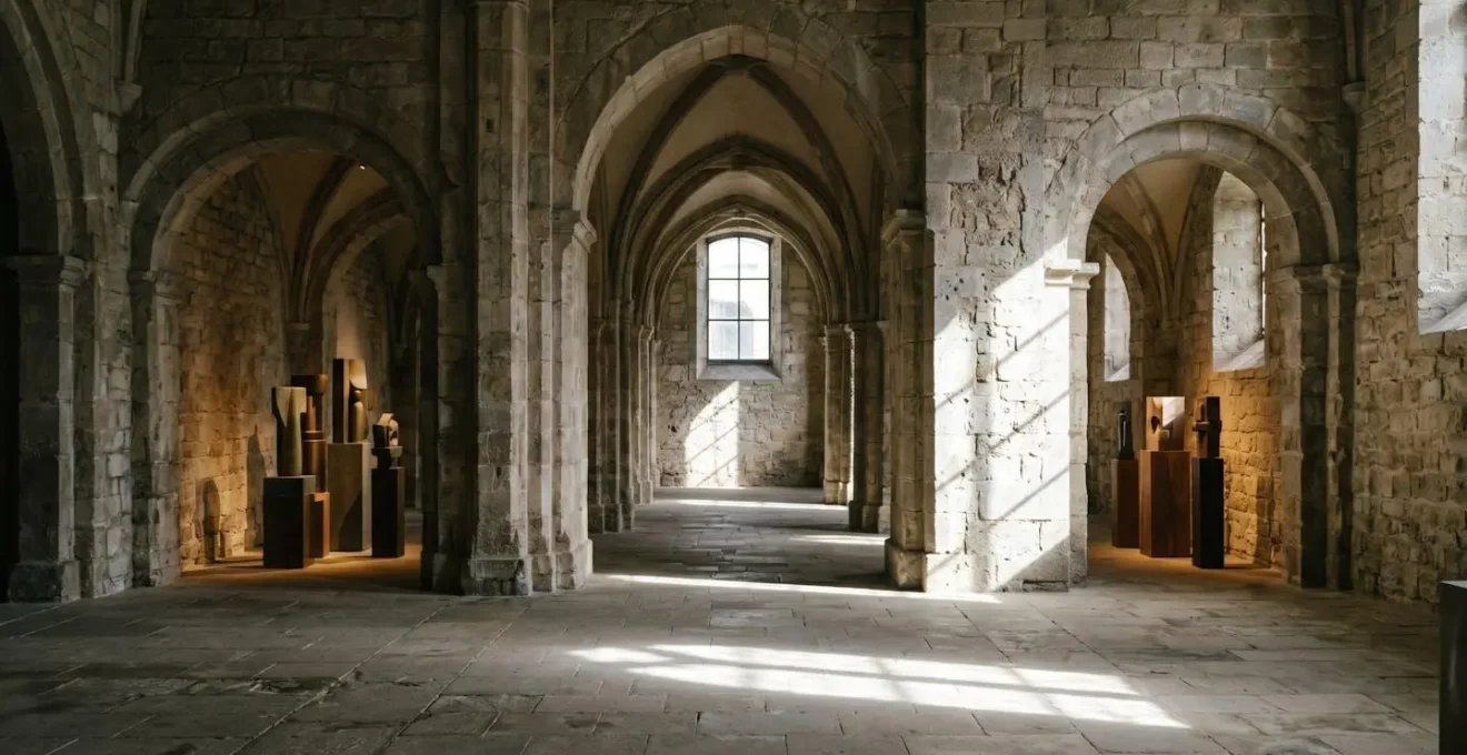 Intérieur lumineux d'une galerie d'art avec architecture historique rénovée