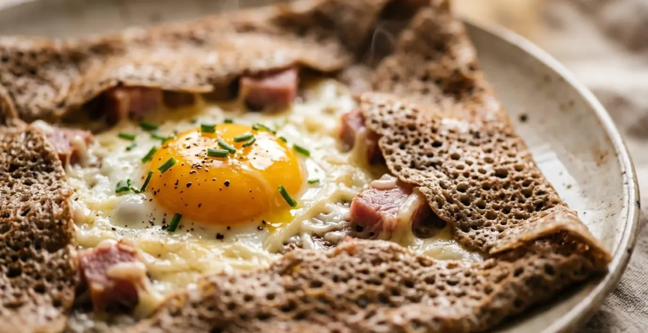 Gros plan d'une galette complète bretonne avec œuf miroir coulant, jambon et fromage fondant