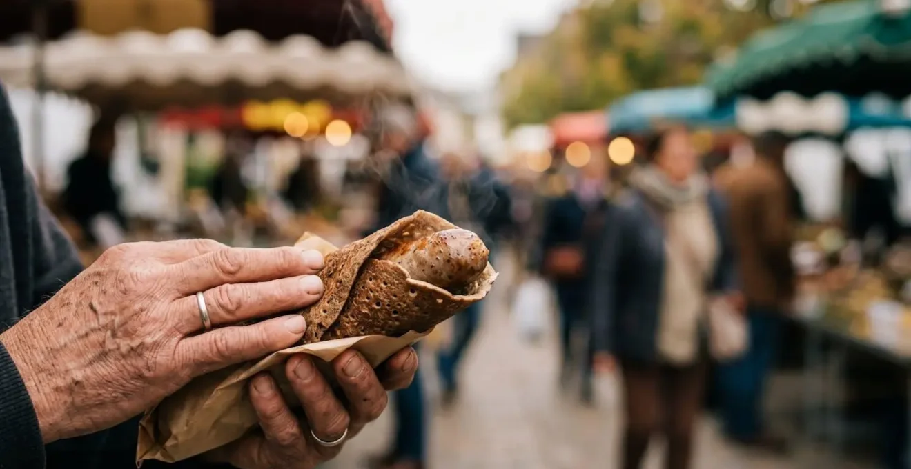 Galette-saucisse fraîchement préparée sur un stand de marché breton traditionnel