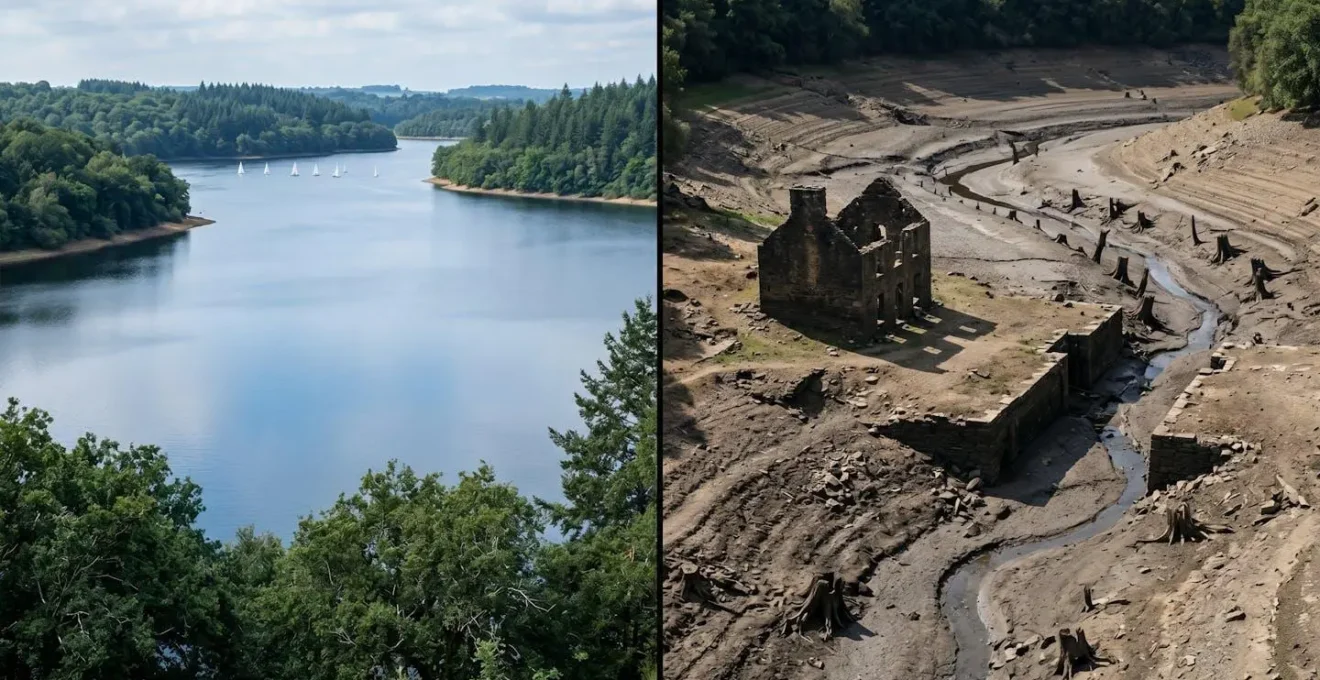 Contraste entre le lac de Guerlédan en eau et la vallée asséchée révélant les vestiges