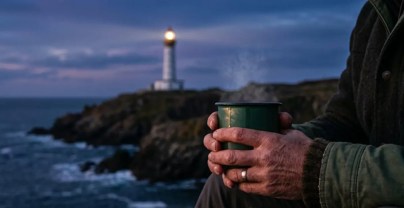 L'heure bleue au crépuscule d'octobre sur la côte bretonne avec un phare illuminé en arrière-plan