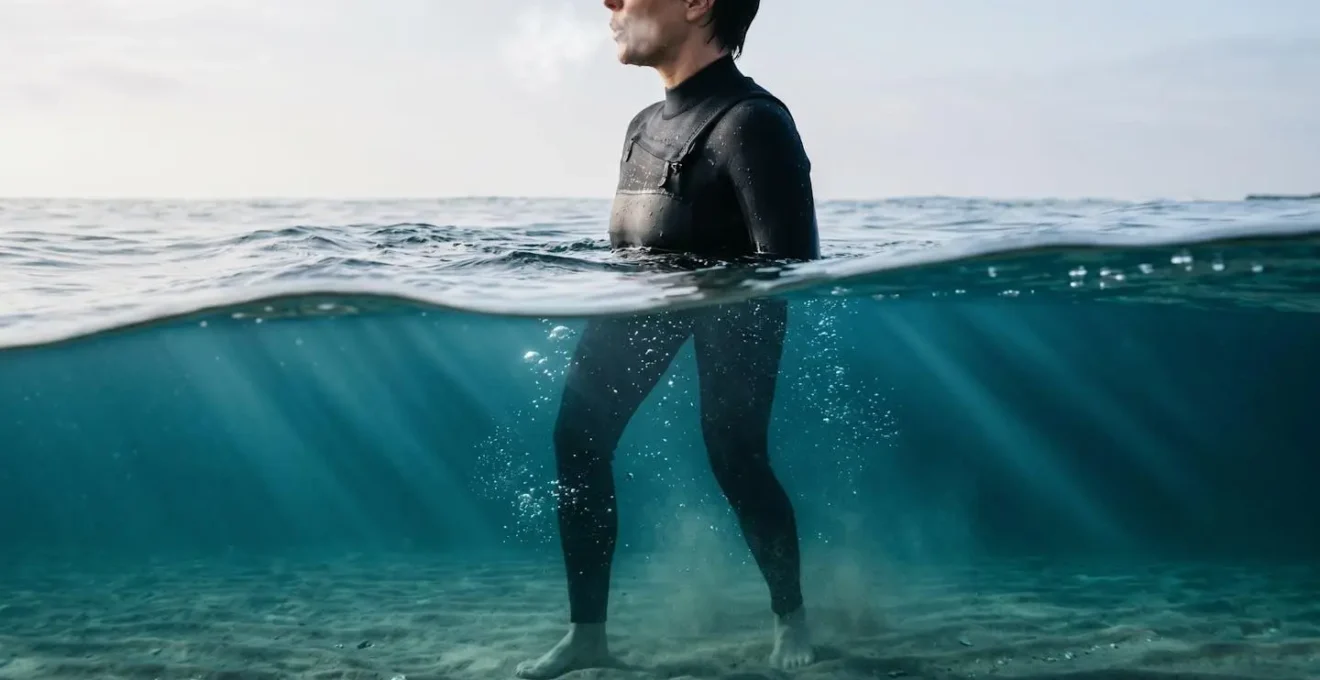 Coupe transversale sous-marine montrant un pratiquant de longe-côte immergé jusqu'à la poitrine, illustrant le principe de la poussée d'Archimède